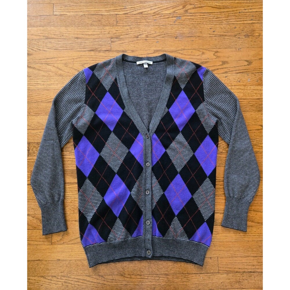 Autumn Cashmere Womens Cashmere Argyle Boyfriend Cardigan Sweater Large